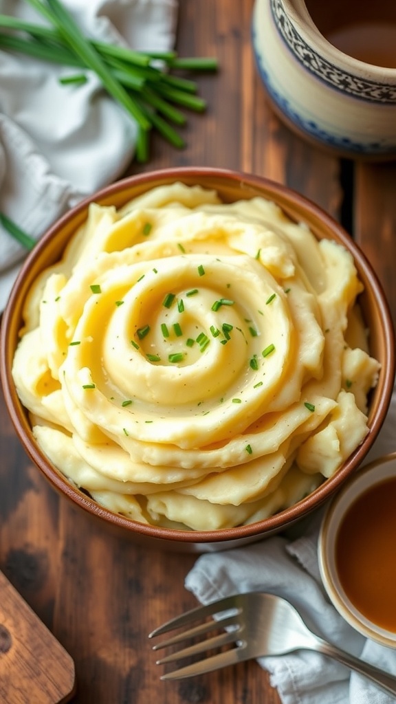 A bowl of creamy mashed gold potatoes garnished with chives, served with gravy on a wooden table.